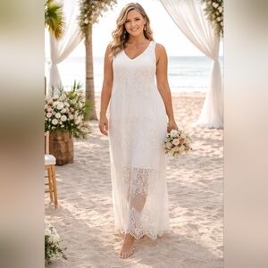 Lane Bryant White Crochet Maxi Dress 18/20 Side Splits Sheer Boho Cottage Resort